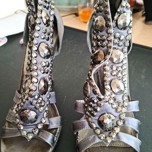 Pewter Satin/Silk Jeweled heels